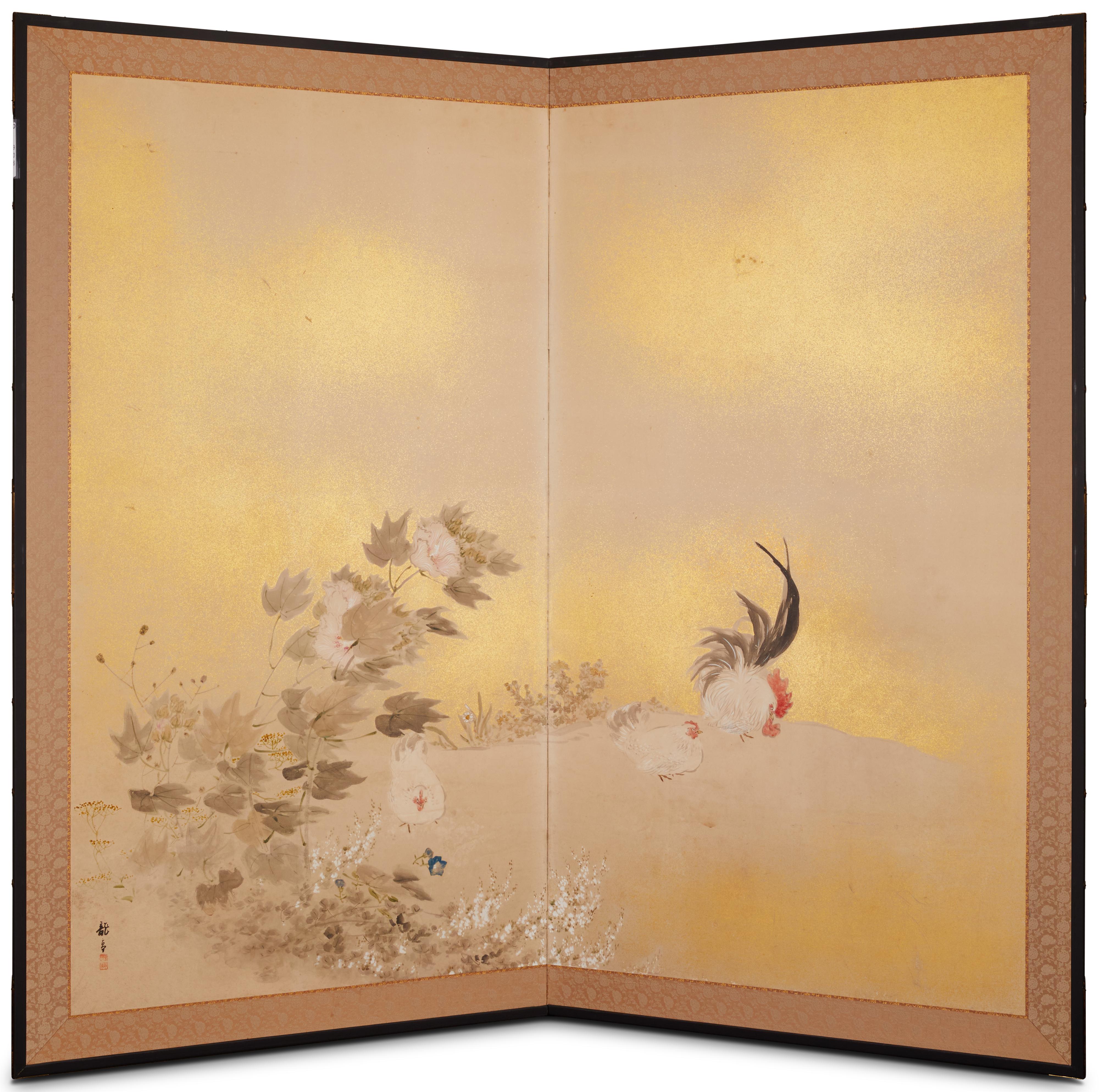 Japanese Two Panel Screen: Rooster and Hens in Windswept Landscape For Sale 5
