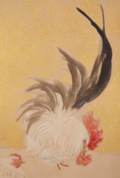 Japanese Two Panel Screen: Rooster and Hens in Windswept Landscape