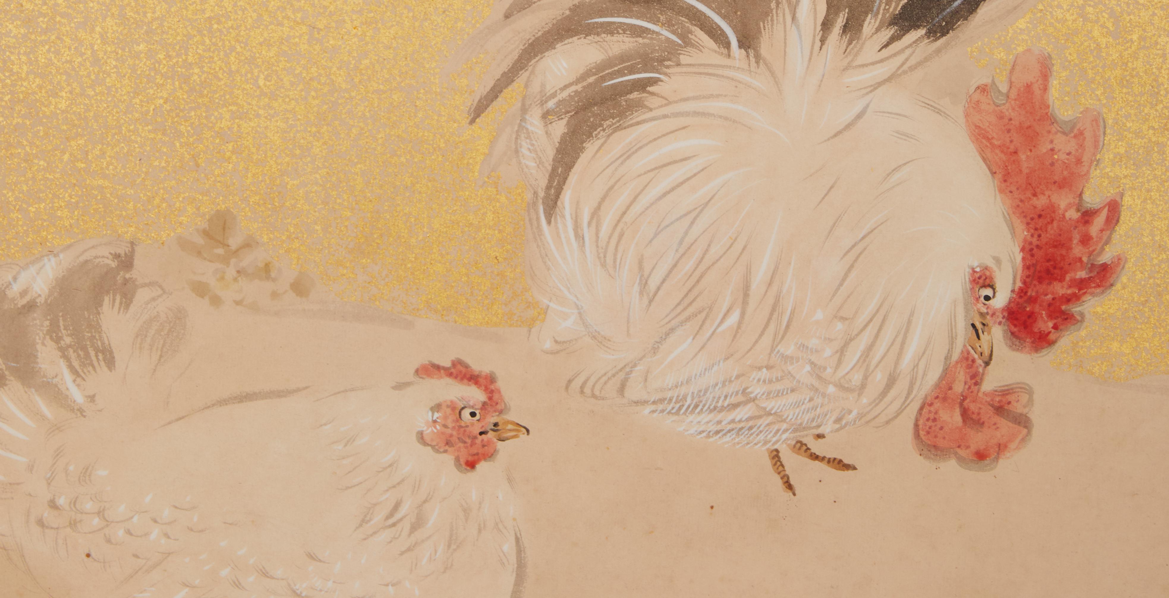 Japanese Two Panel Screen: Rooster and Hens in Windswept Landscape In Good Condition For Sale In Hudson, NY