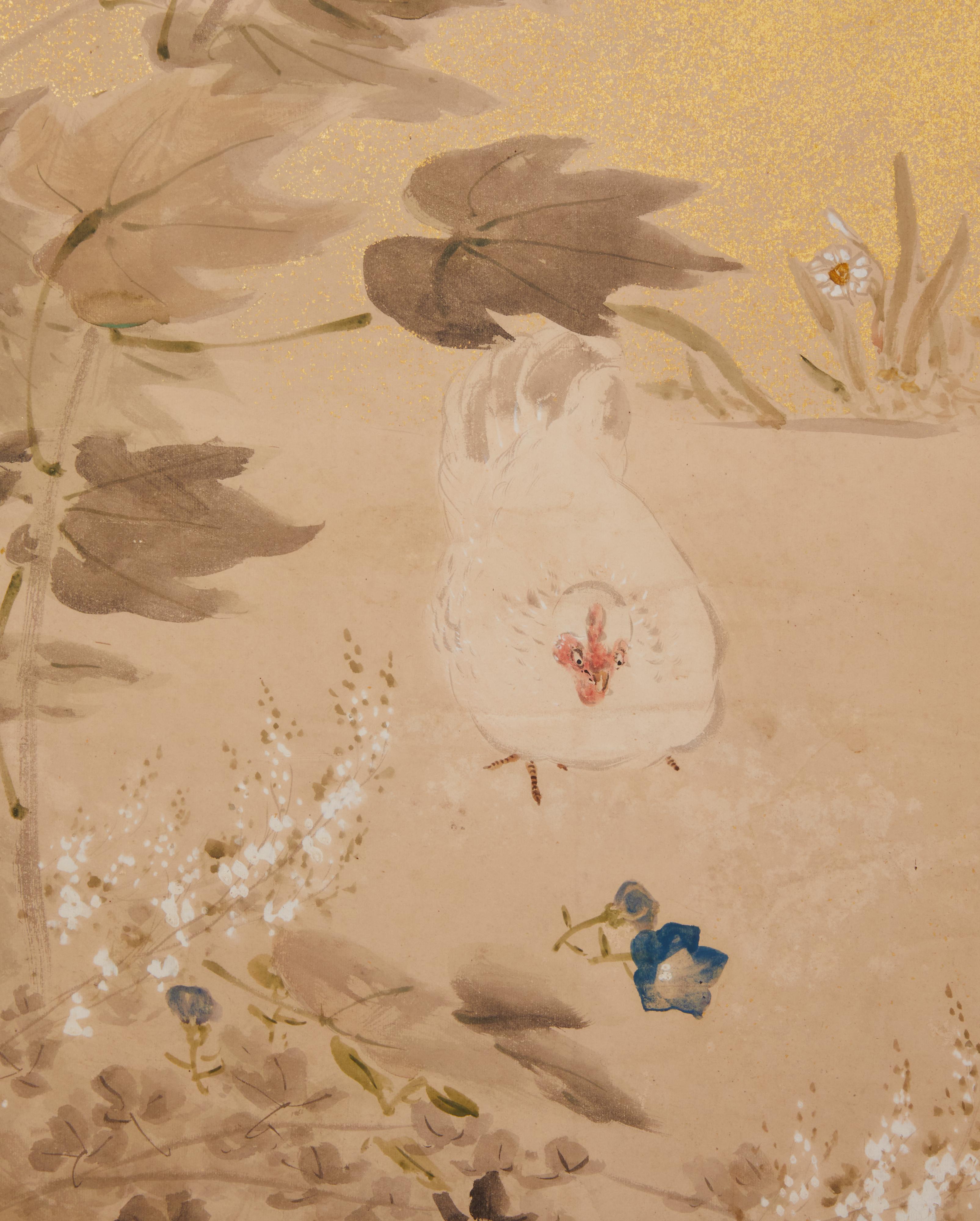 19th Century Japanese Two Panel Screen: Rooster and Hens in Windswept Landscape For Sale