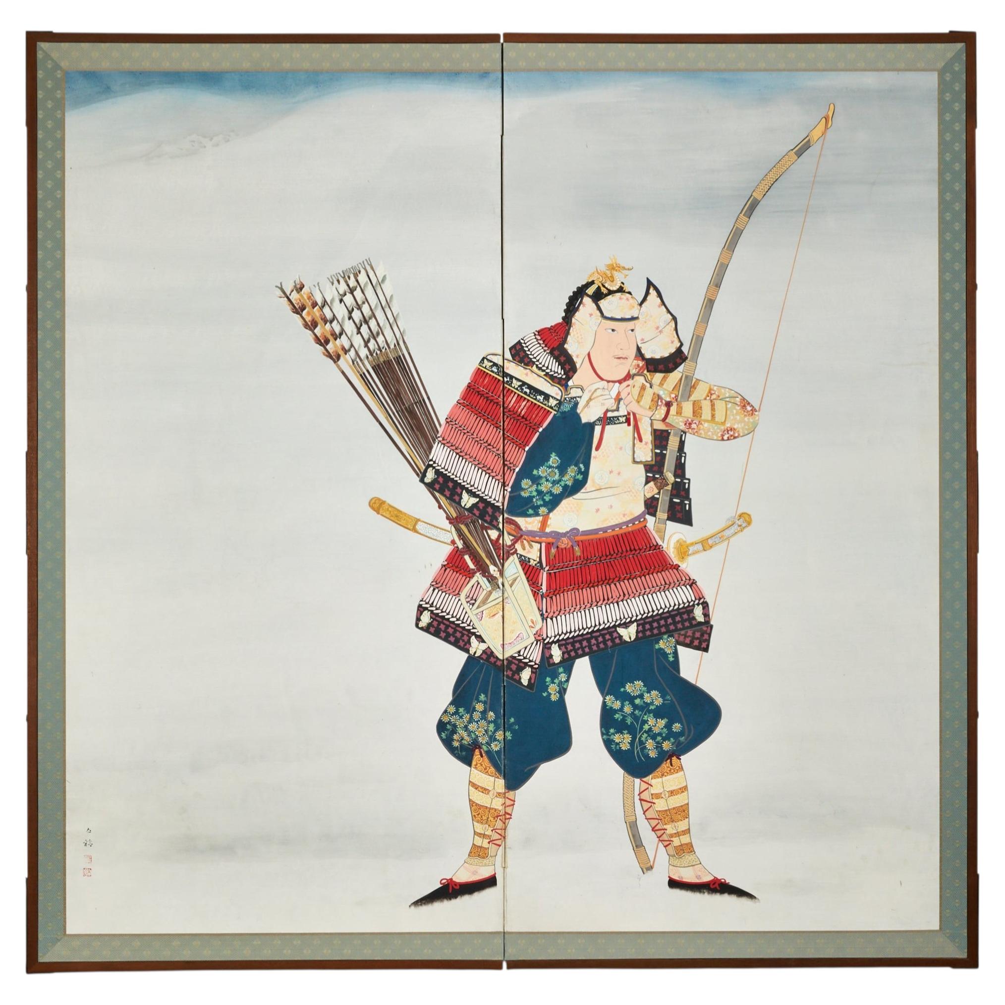 Japanese Two Panel Screen: Samurai Warrior