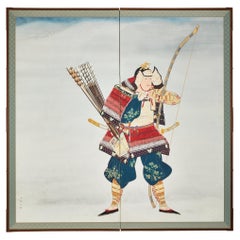 Japanese Two Panel Screen: Samurai Warrior