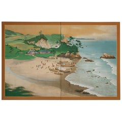 Japanese Two Panel Screen, Scene from Ainu Fishing Village 'Northern Hokkaido'