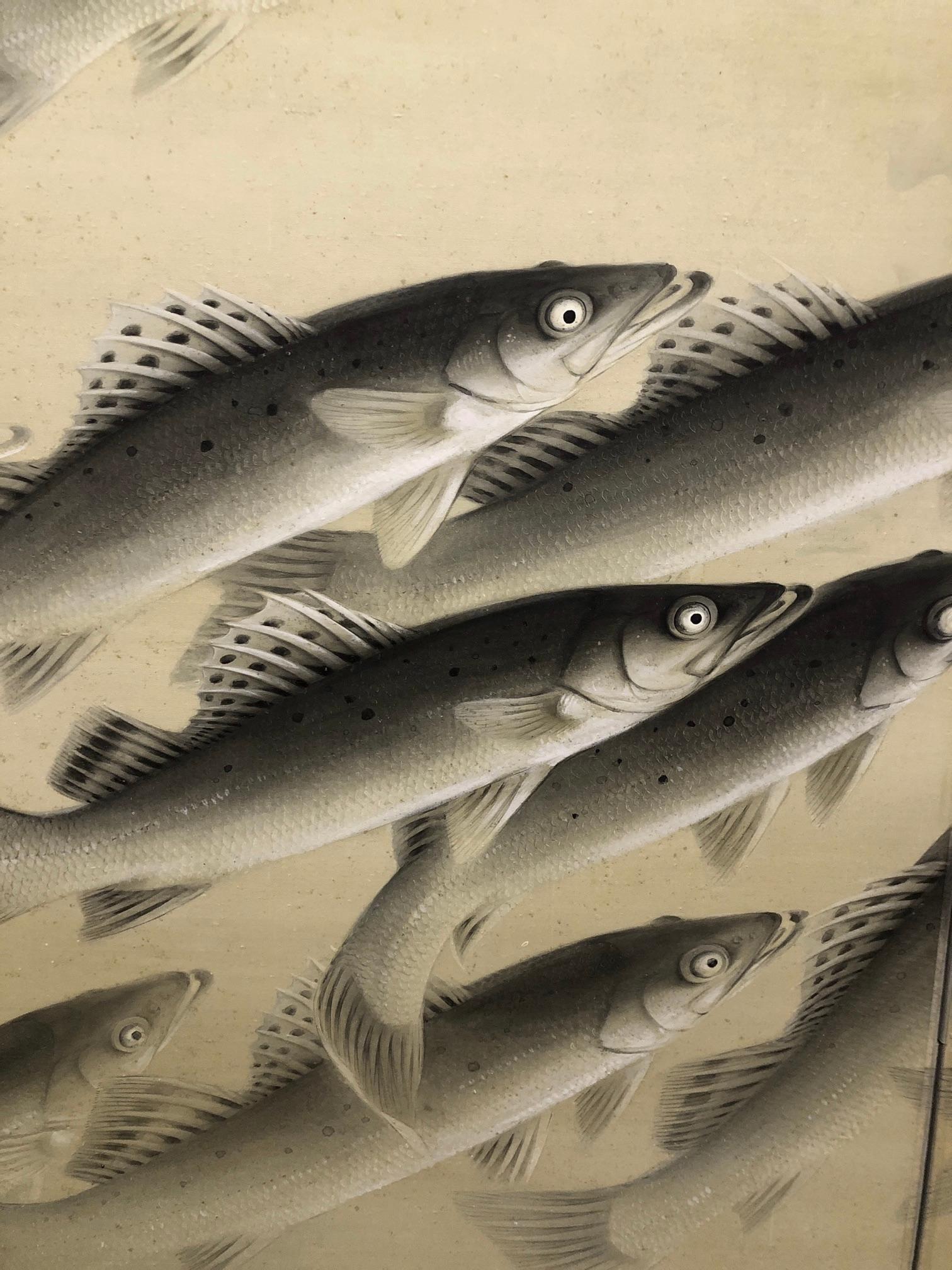 Silk Japanese Two-Panel Screen School of River Fish