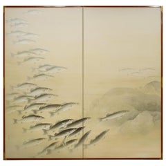 Japanese Two-Panel Screen School of River Fish