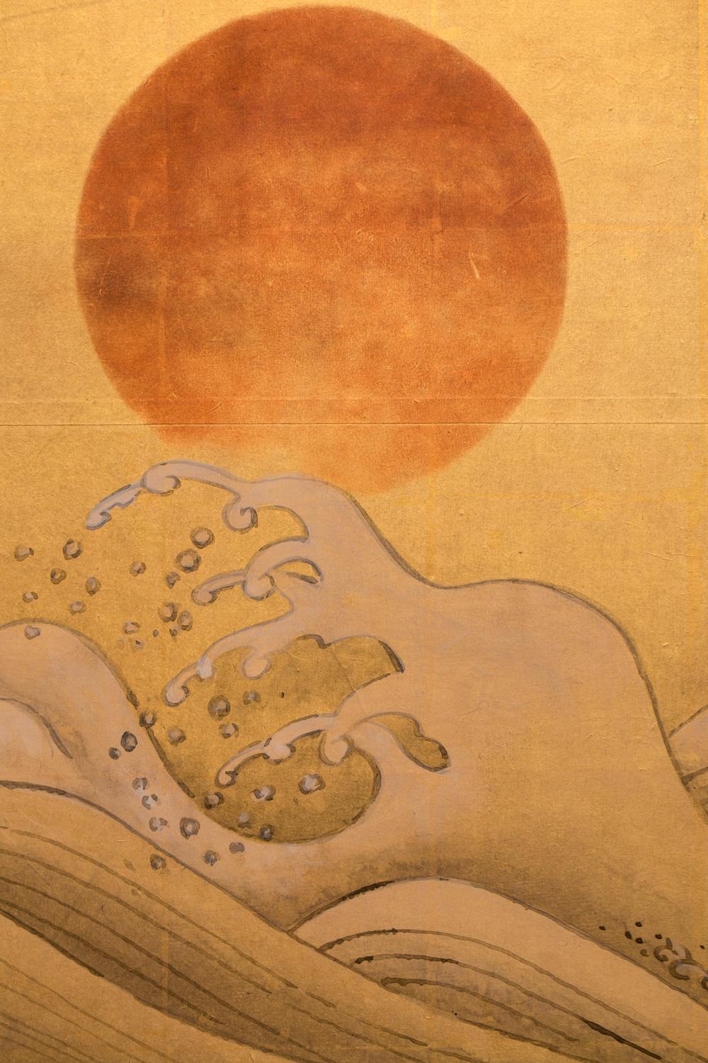 Meiji Japanese Two-Panel Screen, Setting Sun Over Cresting Waves