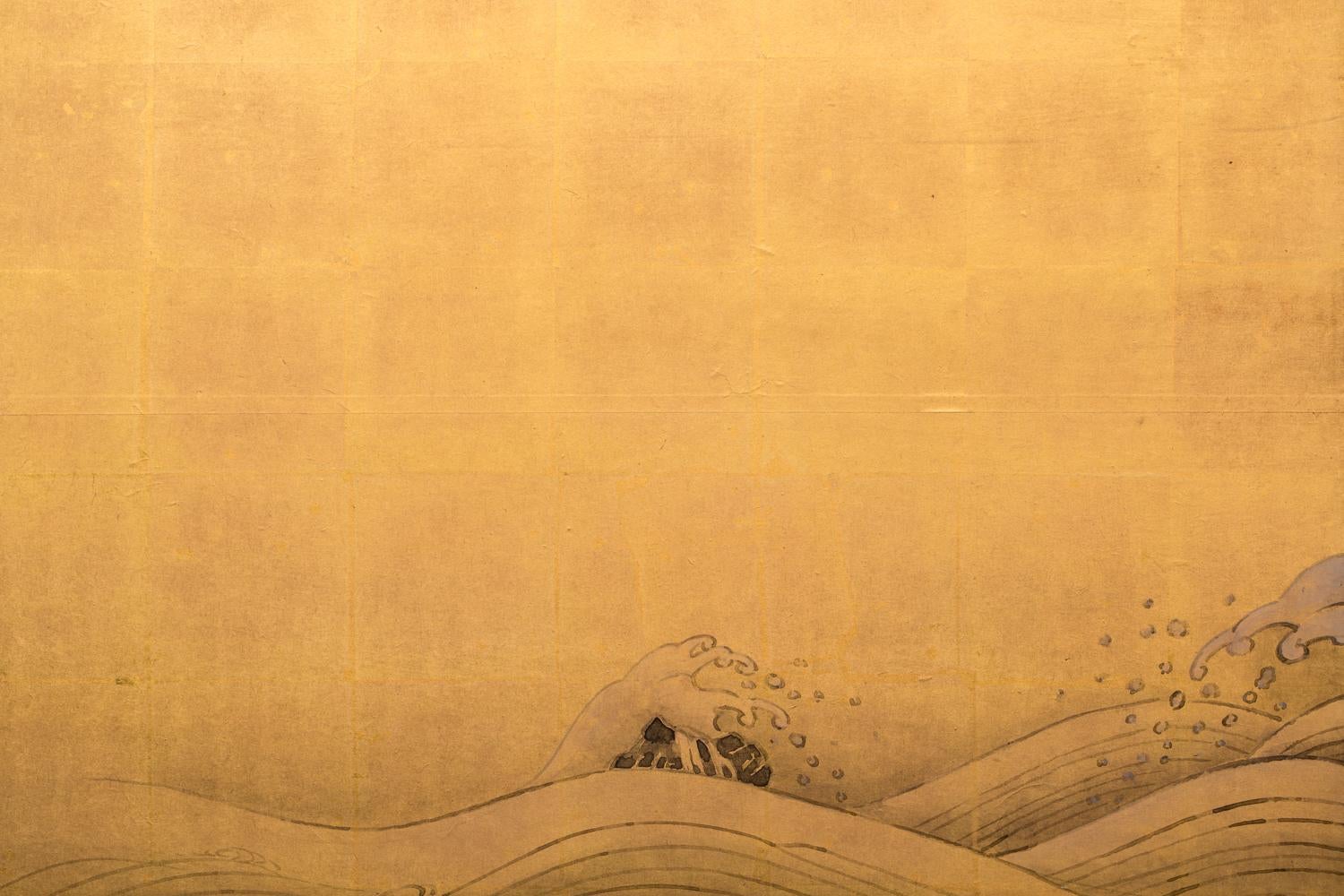 Japanese Two-Panel Screen, Setting Sun Over Cresting Waves In Good Condition In Hudson, NY