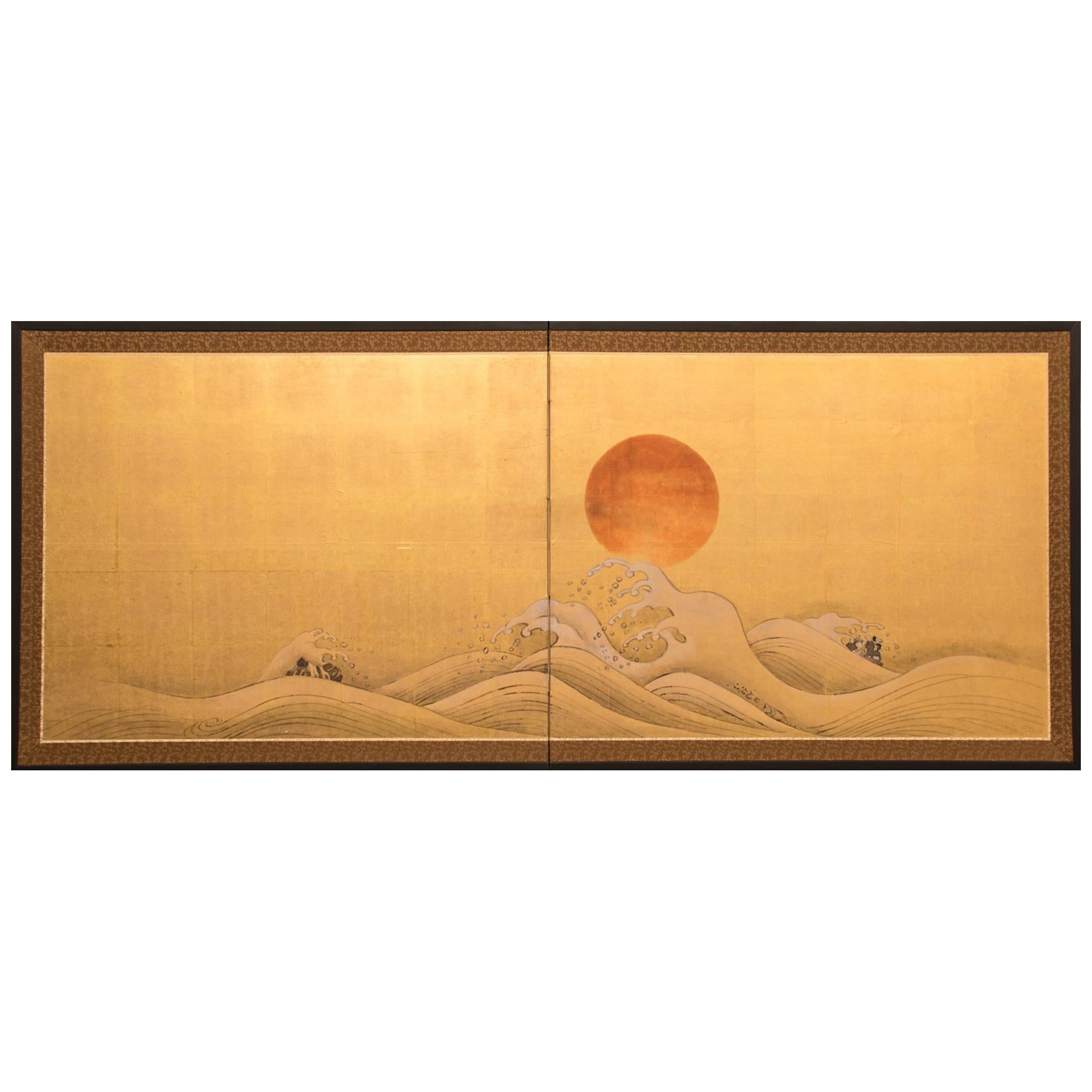 Japanese Two-Panel Screen, Setting Sun Over Cresting Waves