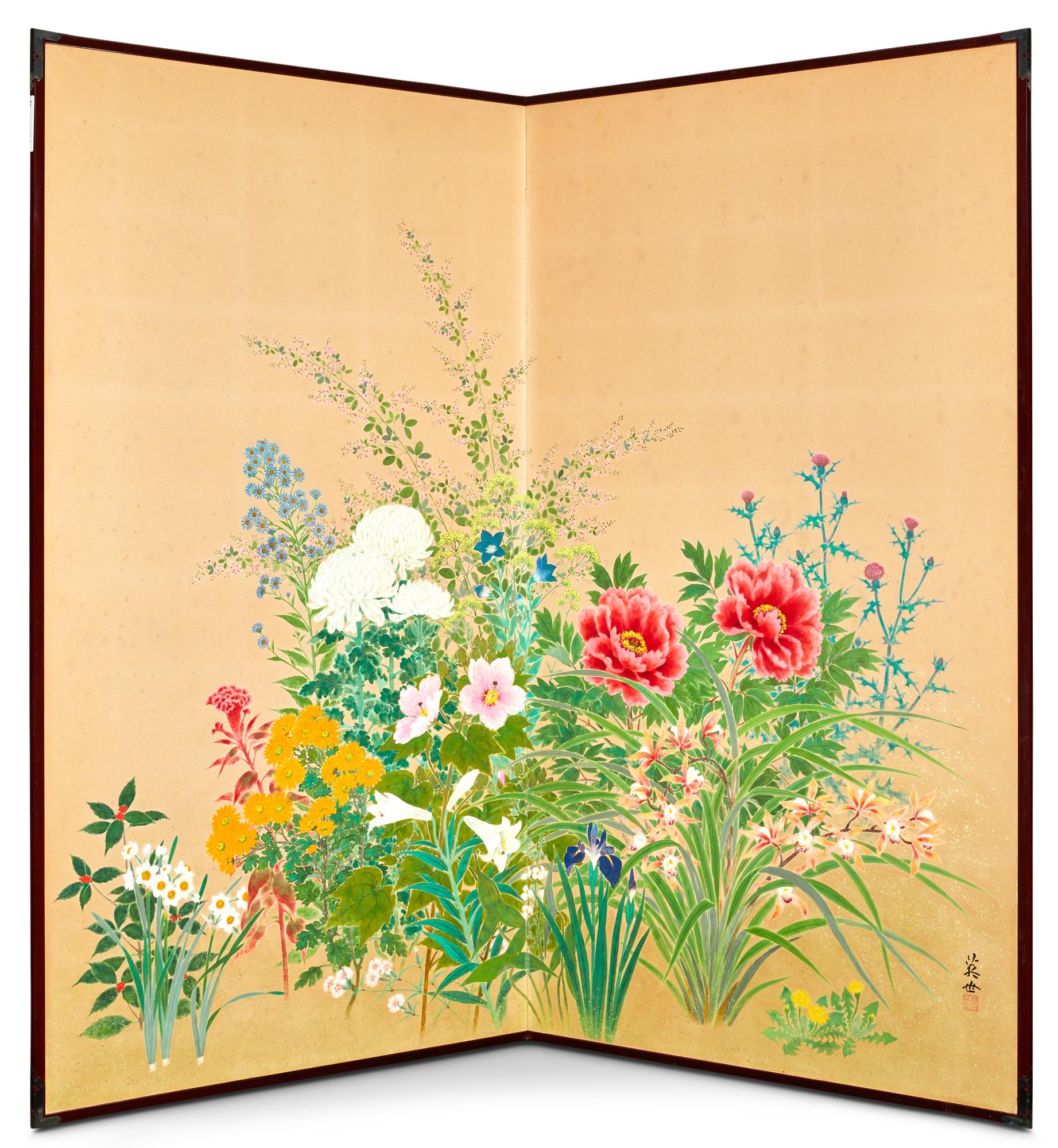 Japanese Two Panel Screen: Seasonal Flowers For Sale 5