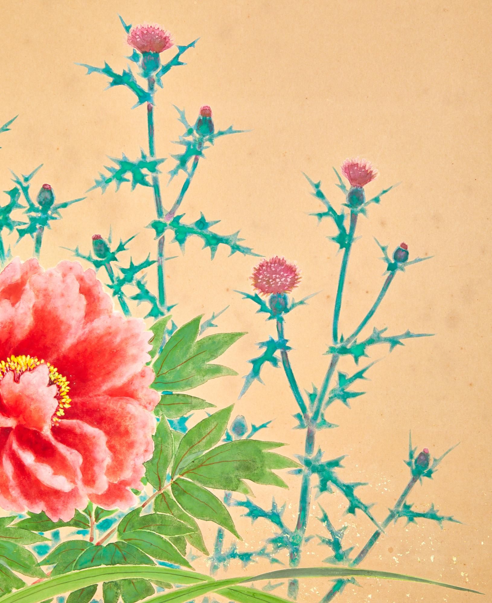 Peonies, irises, lillies, paperwhites, cockscombs, thistle and other various seasonal flowers in mineral pigmnets on mulberry paper.  Oxblood lacquer trim with beautiful bronze mounts. Signature and seal read: Eisei (Hideyo) 