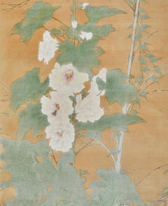 Japanese Two Panel Screen: Hollyhocks in Full Bloom