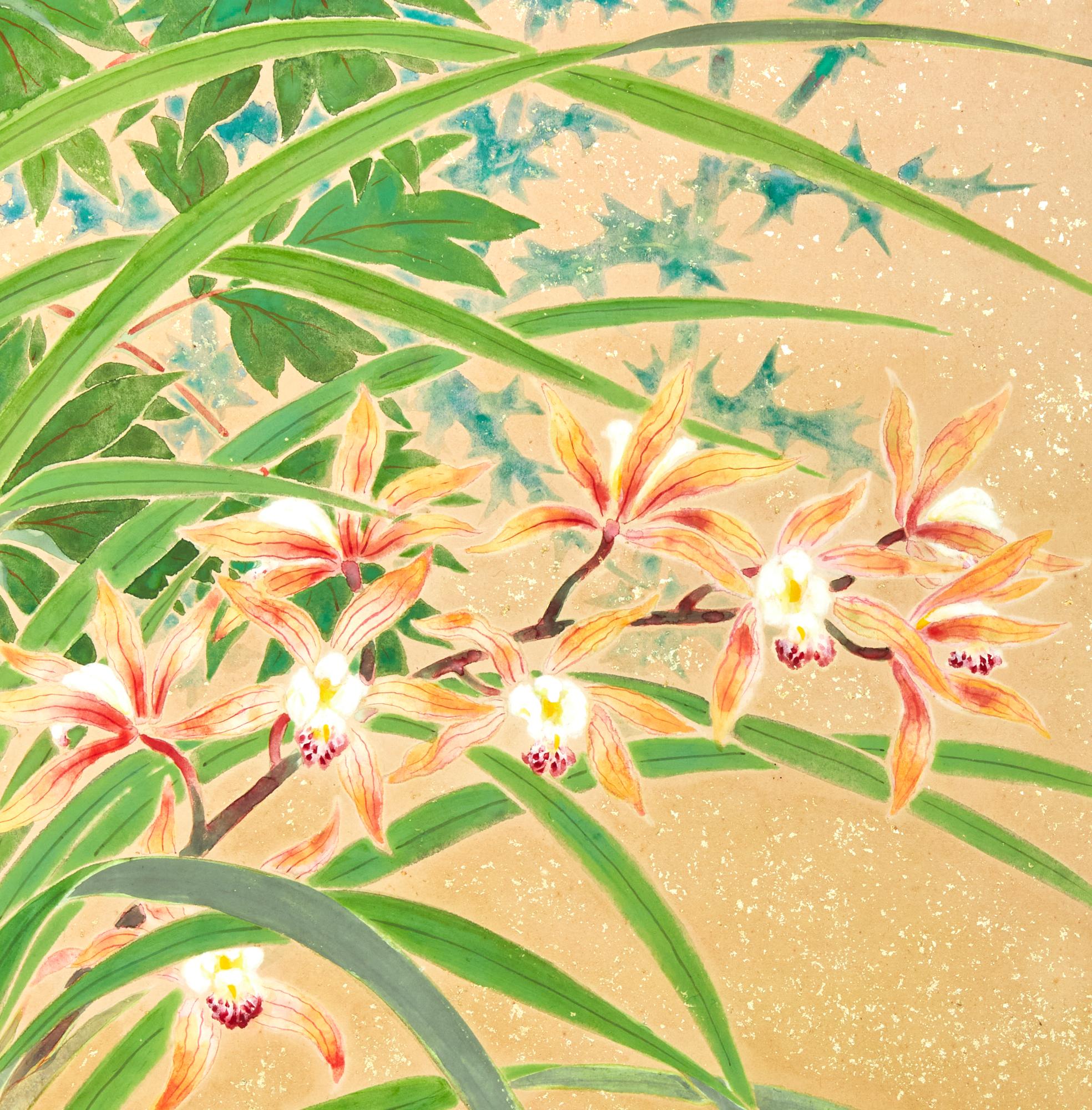 Japanese Two Panel Screen: Seasonal Flowers In Good Condition For Sale In Hudson, NY