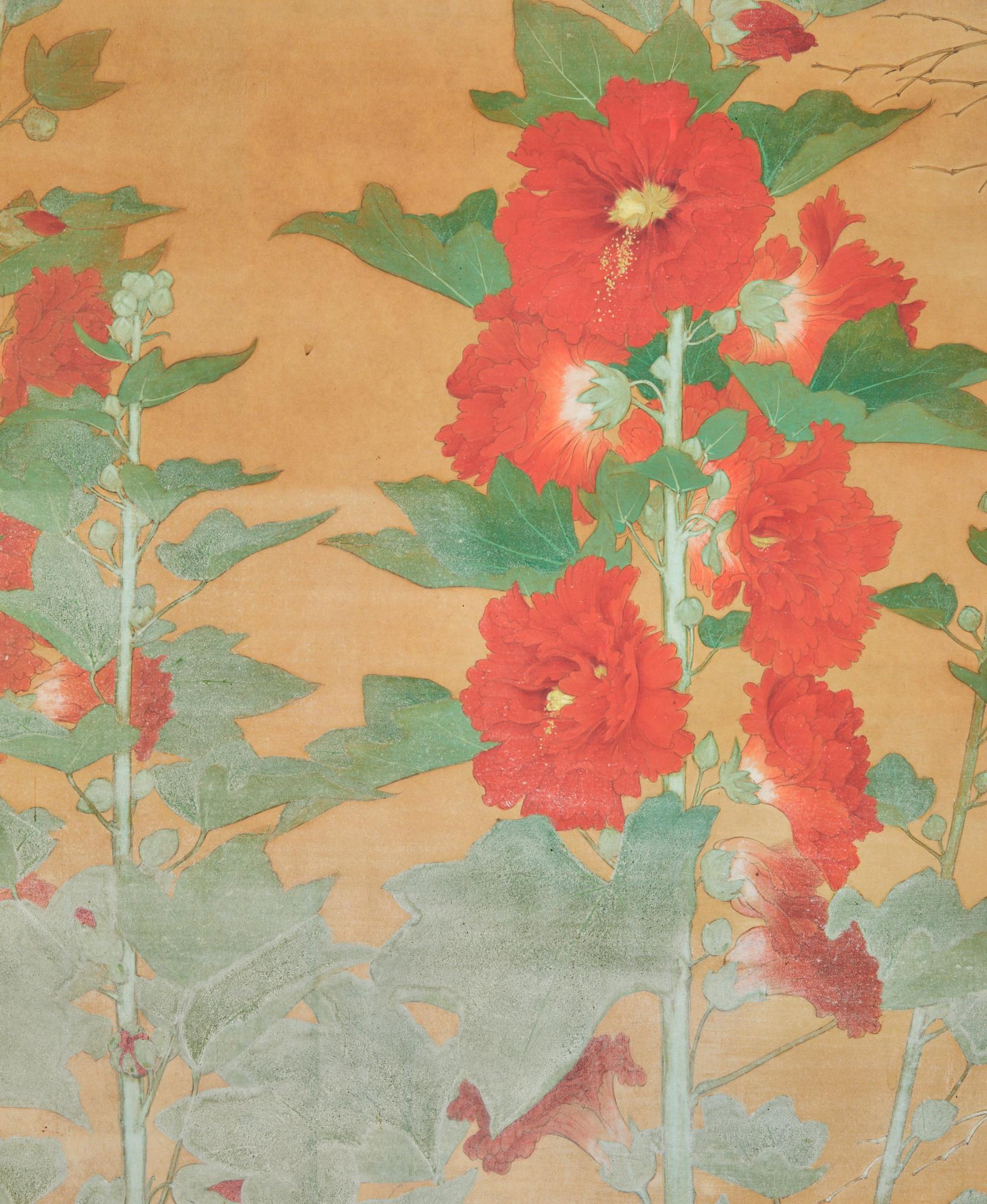 Japanischer Raumteiler mit zwei Tafeln: Hollyhocks in voller Blüte im Zustand „Gut“ im Angebot in Hudson, NY