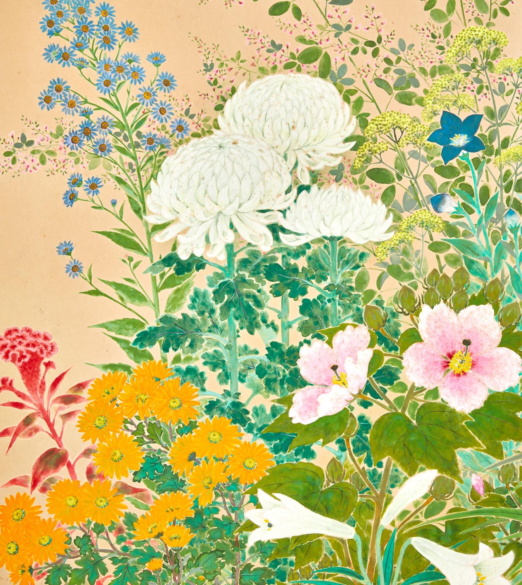 20th Century Japanese Two Panel Screen: Seasonal Flowers For Sale