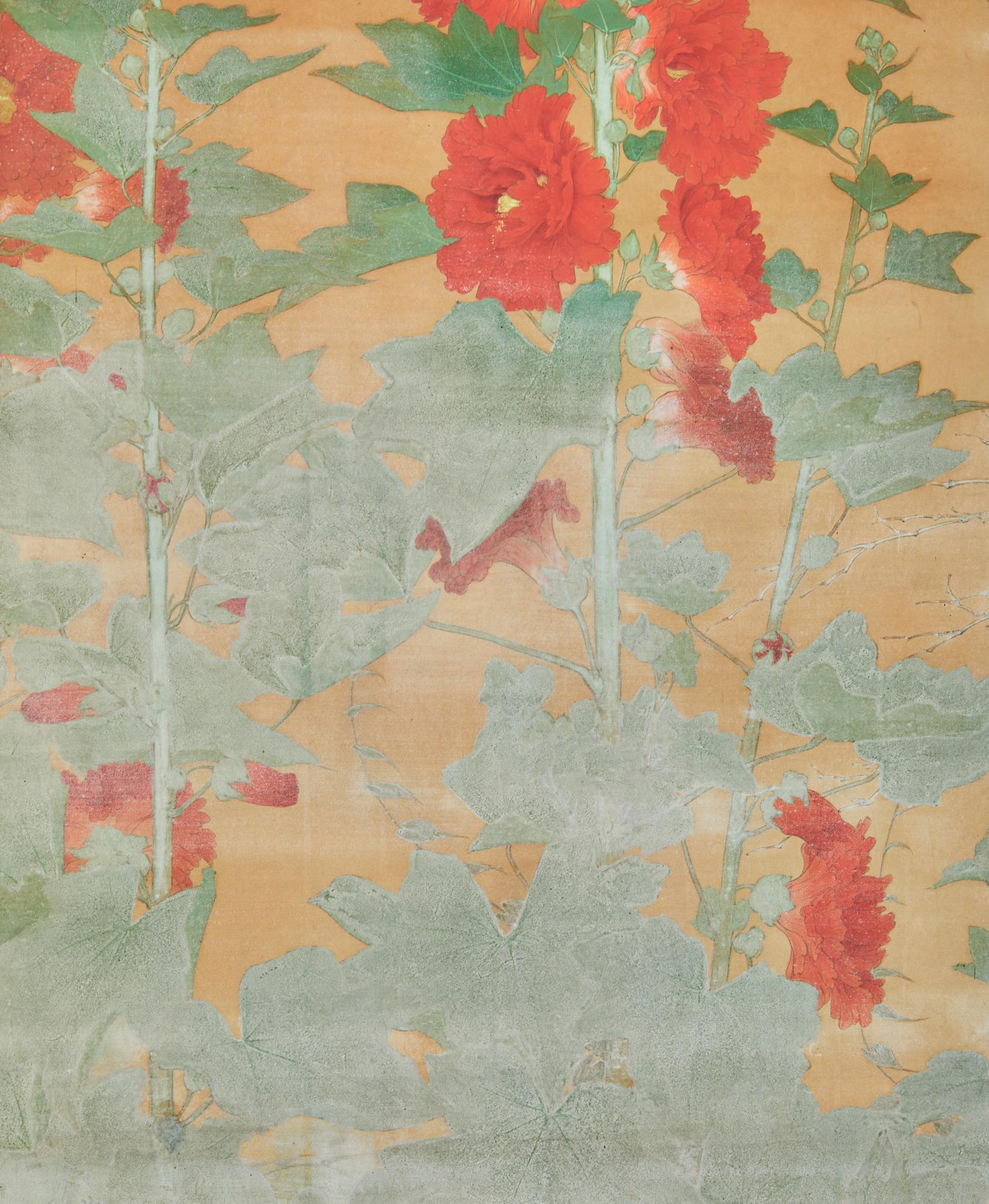 Japanischer Raumteiler mit zwei Tafeln: Hollyhocks in voller Blüte (19. Jahrhundert) im Angebot