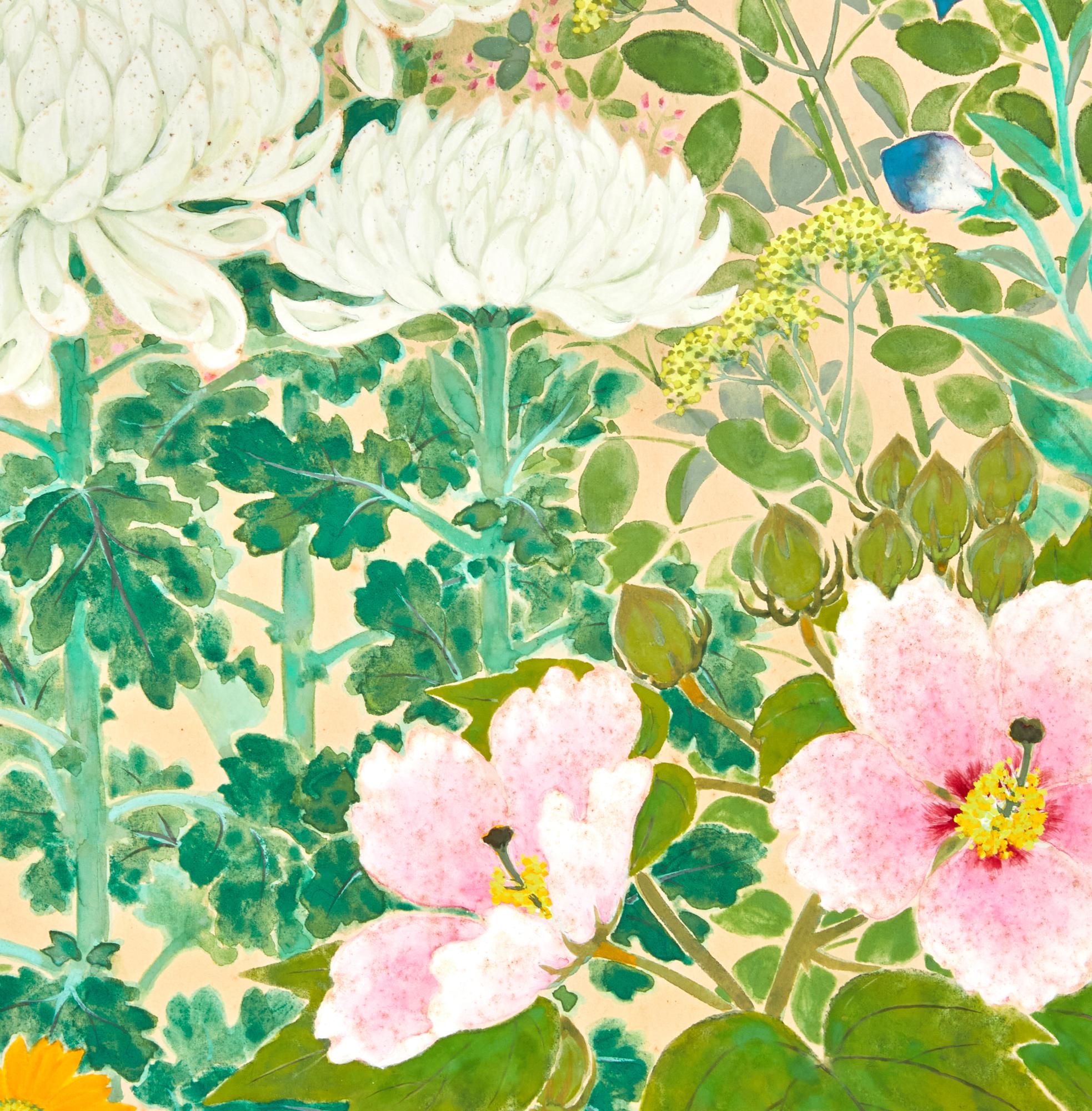 Bronze Japanese Two Panel Screen: Seasonal Flowers For Sale