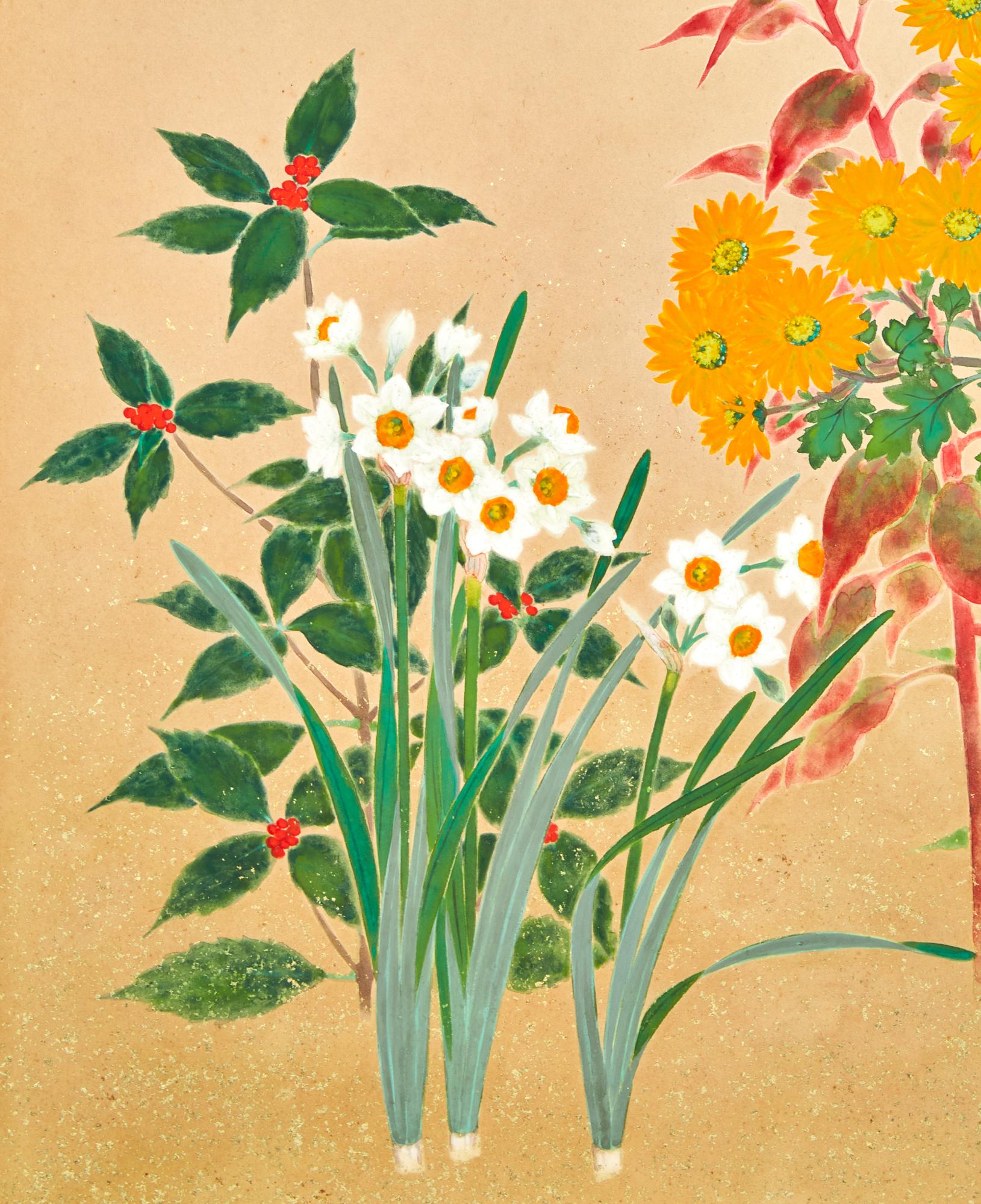 Japanese Two Panel Screen: Seasonal Flowers For Sale 1