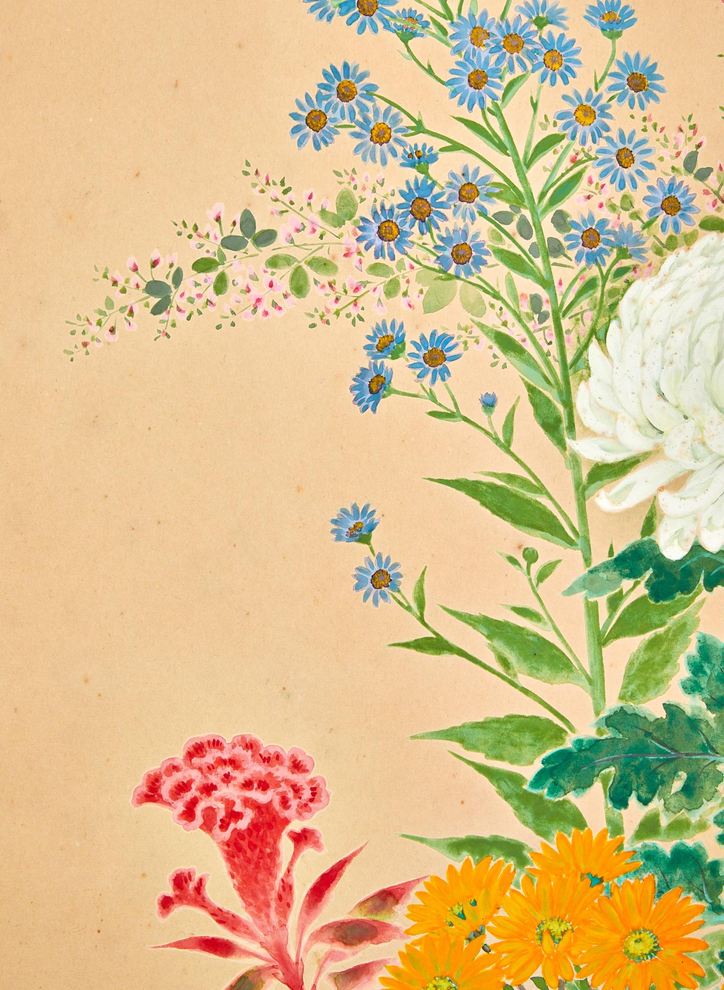 Japanese Two Panel Screen: Seasonal Flowers For Sale 2