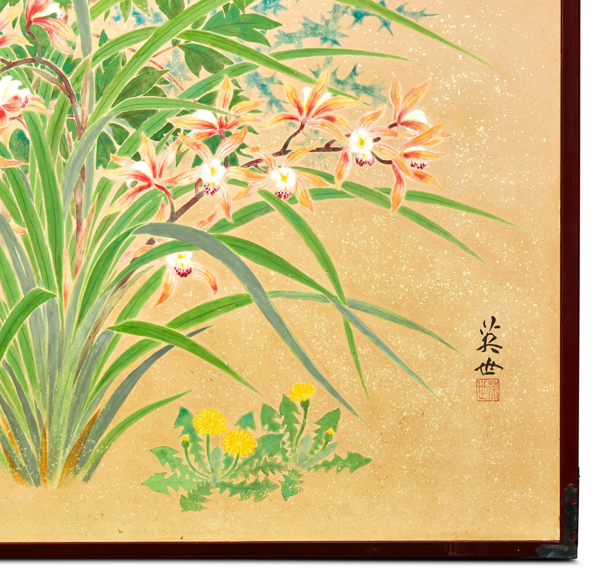 Japanese Two Panel Screen: Seasonal Flowers For Sale 4