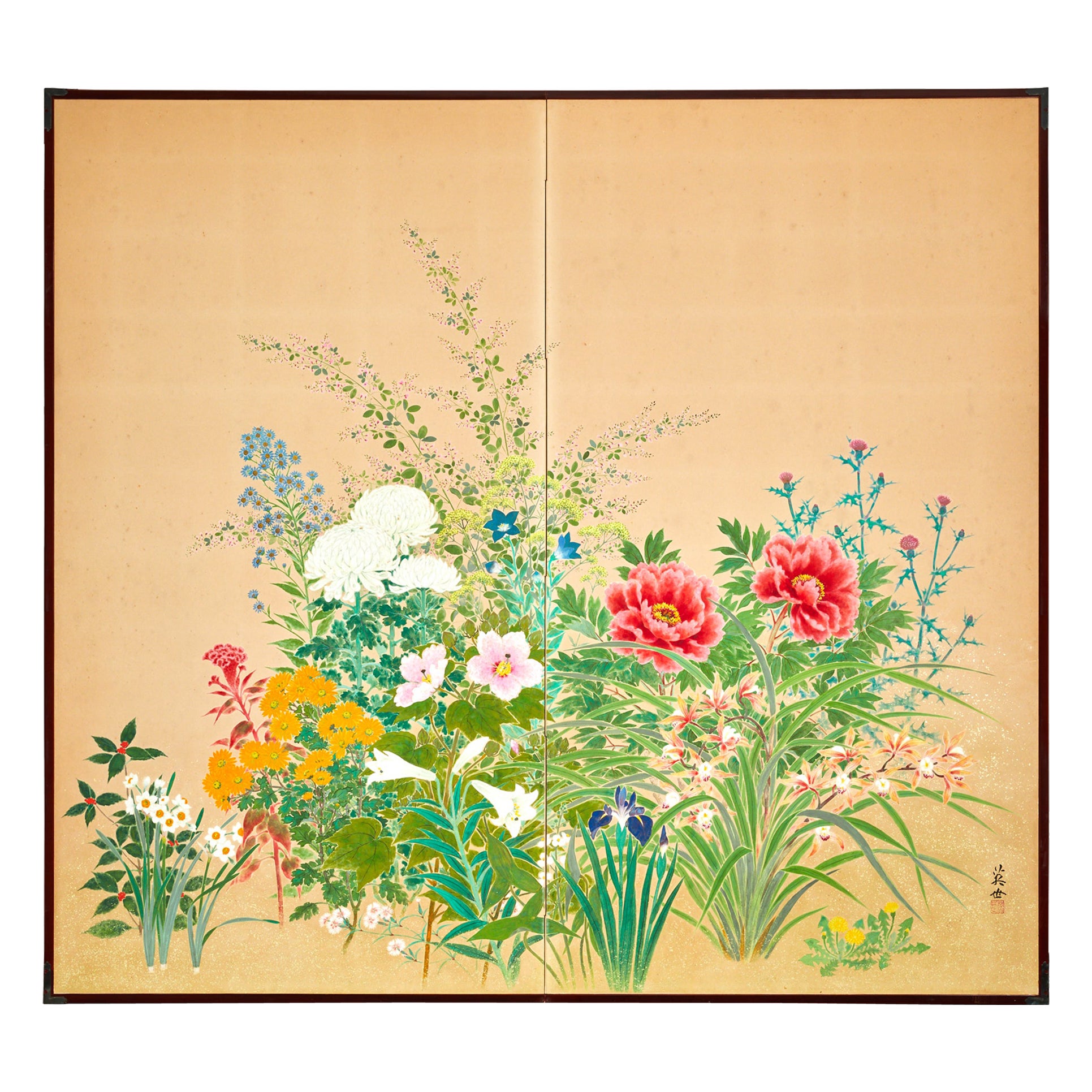 Paravent japonais à deux panneaux : Fleurs saisonnières