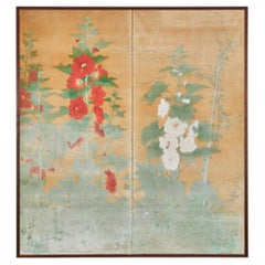 Biombo japonés de dos paneles: Malvarrosas en flor