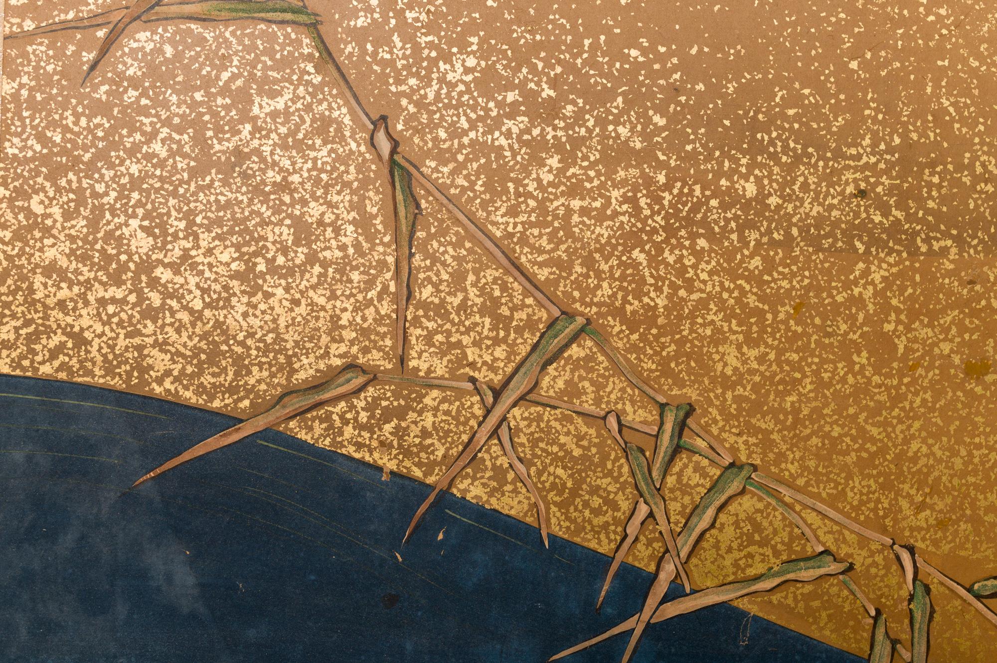 Hand-Painted Japanese Two Panel Screen Sedge of Cranes in Rolling Landscape with Gold Clouds For Sale