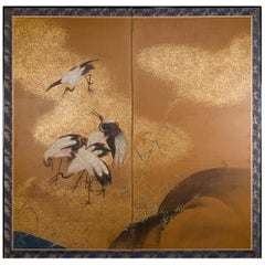 Antique Japanese Two Panel Screen Sedge of Cranes in Rolling Landscape with Gold Clouds