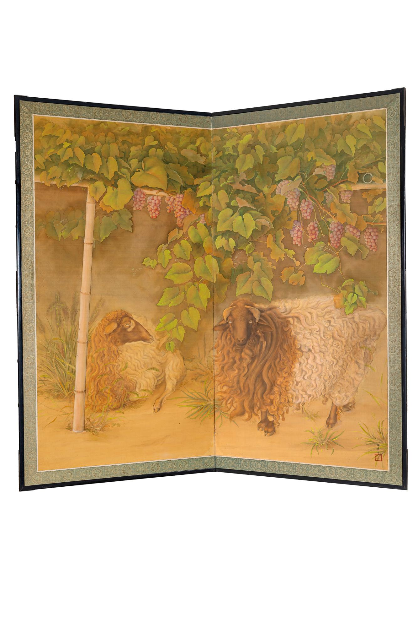 Japanese Two Panel Screen: Sheep Resting under Grape Arbor For Sale 8