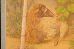 Japanese Two Panel Screen: Sheep Resting under Grape Arbor
