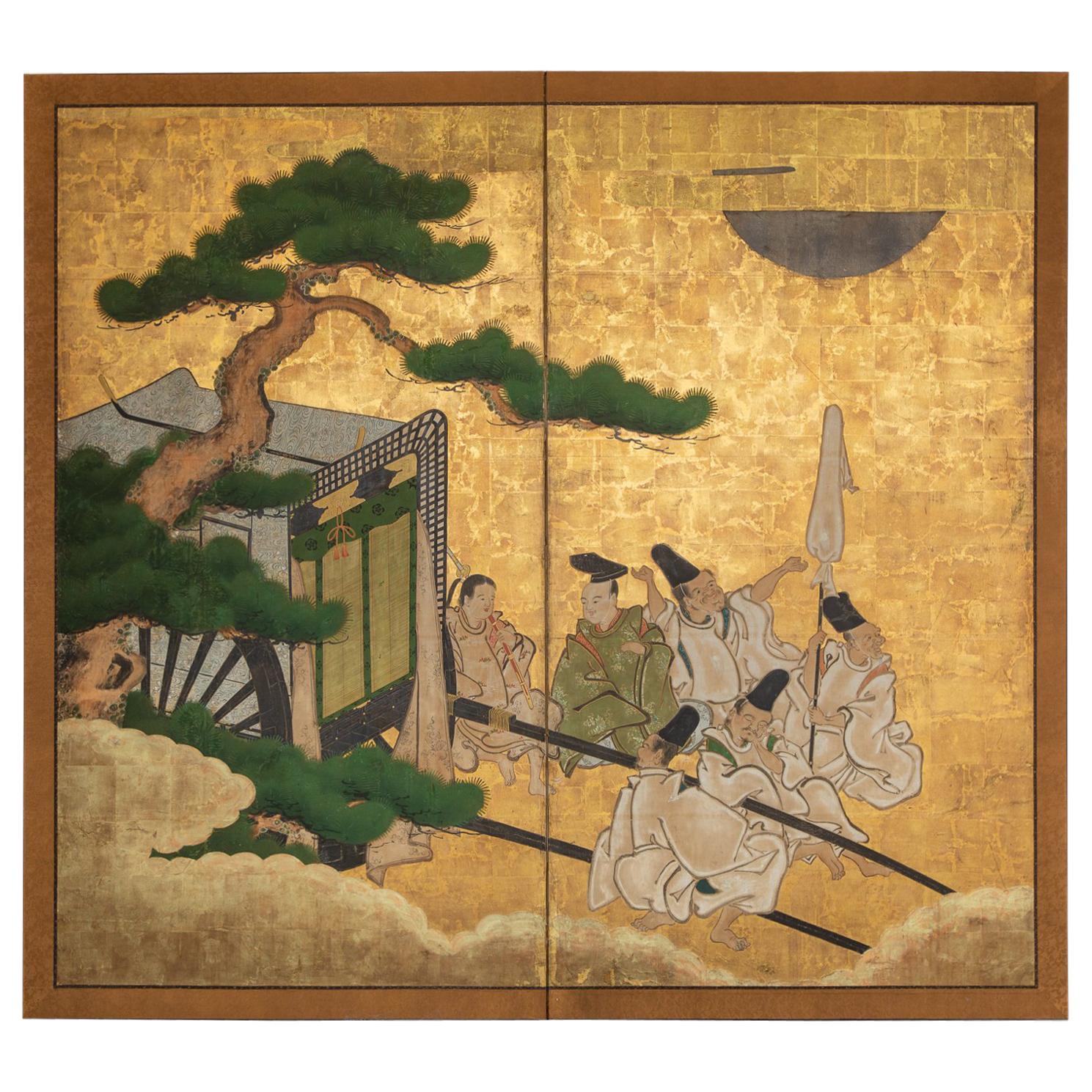 Japanese Two-Panel Screen, Shogun's Journey to Edo For Sale