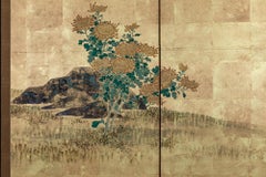 Japanese Two Panel Screen: Simple Chrysanthemums on Gold