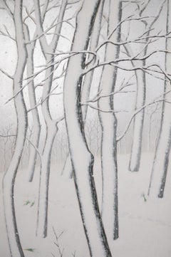 Japanese Two Panel Screen Snow Flakes Falling in the Forest