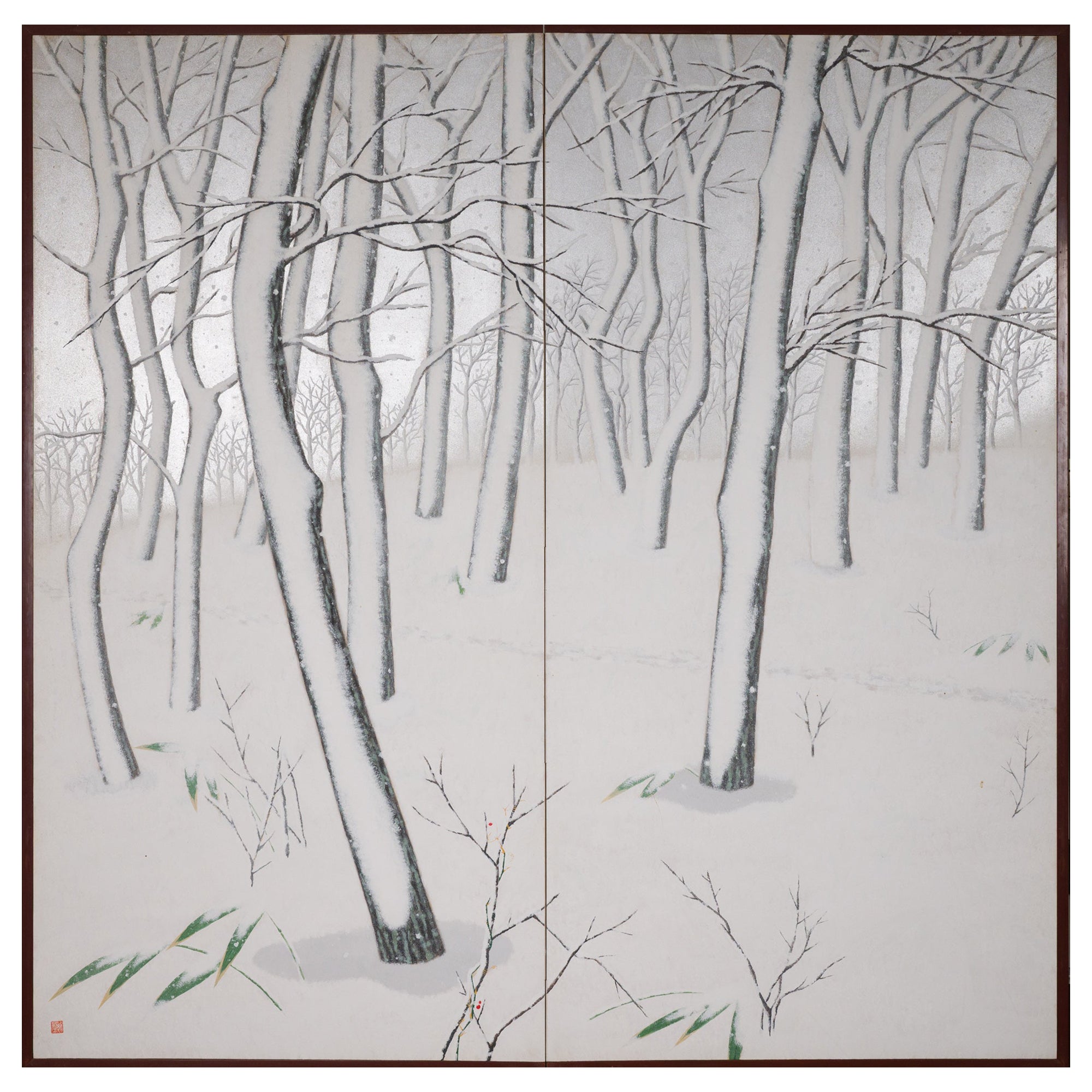 Japanese Two Panel Screen Snow Flakes Falling in the Forest
