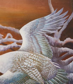 Japanese Two Panel Screen: Snow Goose in Flight at Dawn