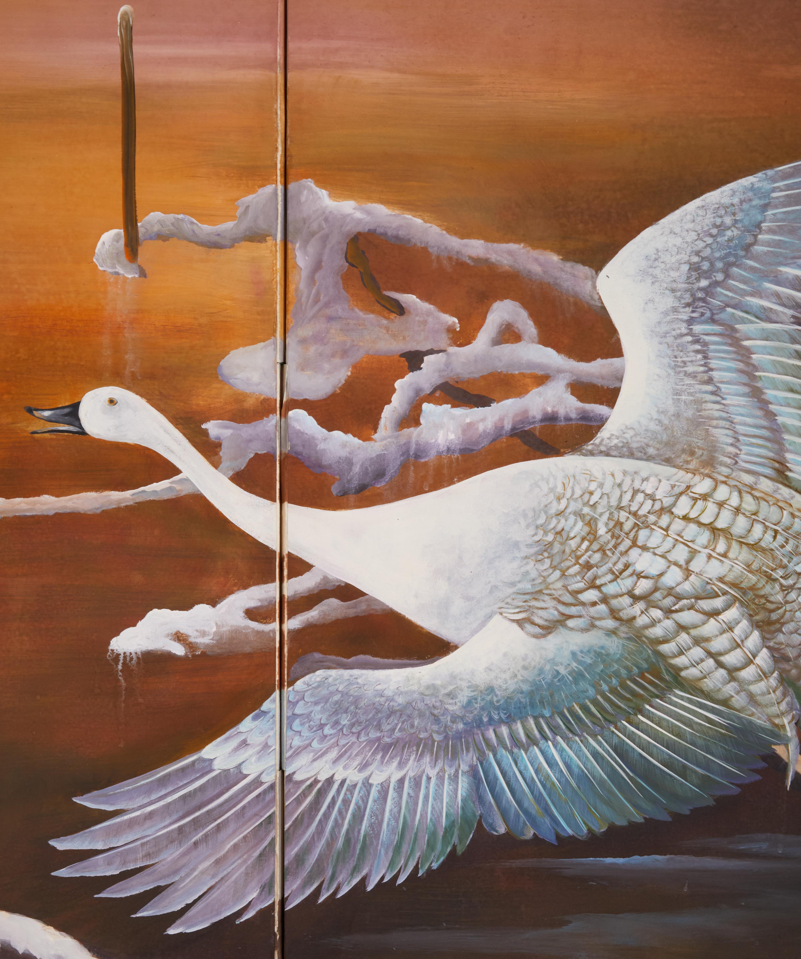 Japanese Two Panel Screen: Snow Goose in Flight at Dawn In Good Condition For Sale In Hudson, NY