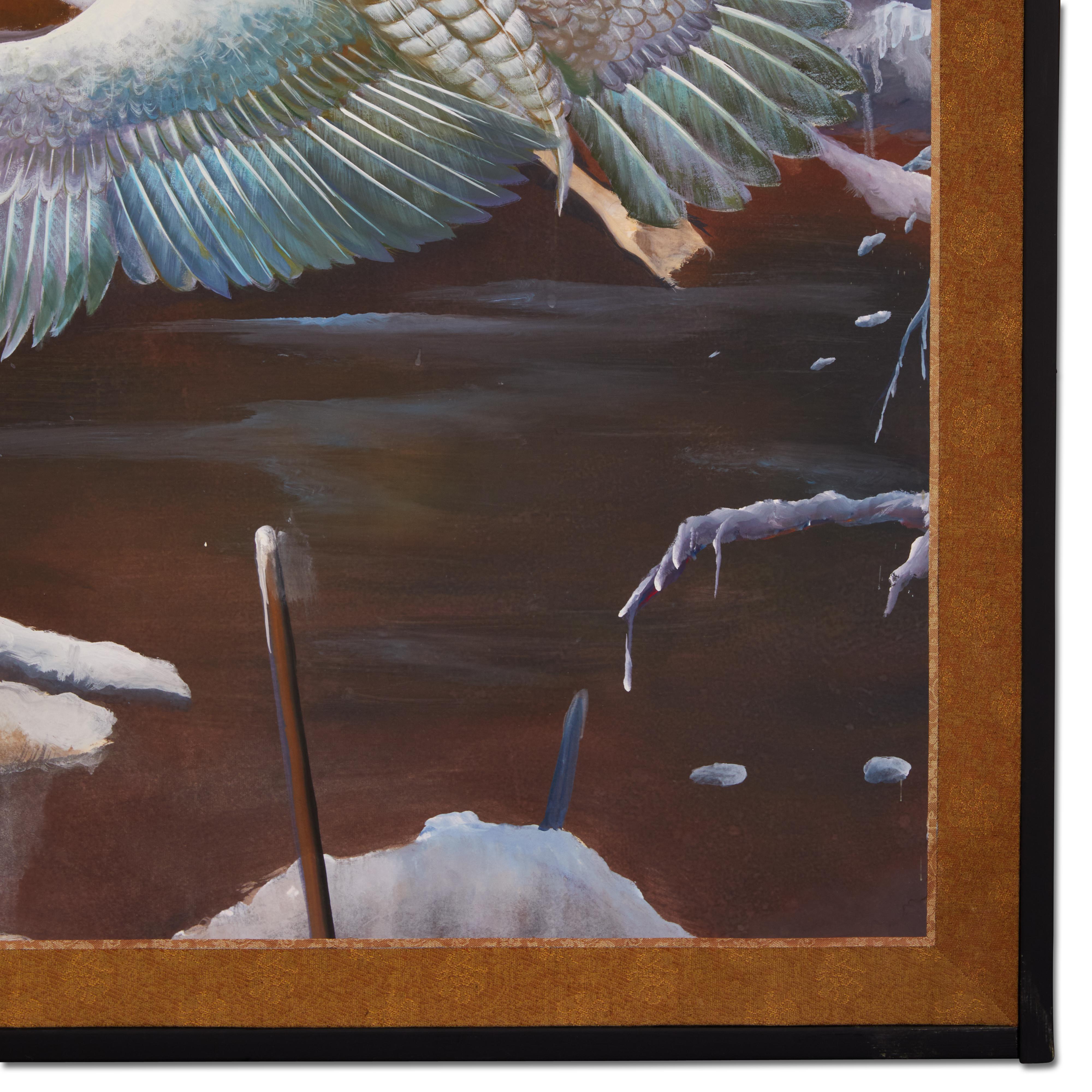Japanese Two Panel Screen: Snow Goose in Flight at Dawn For Sale 1