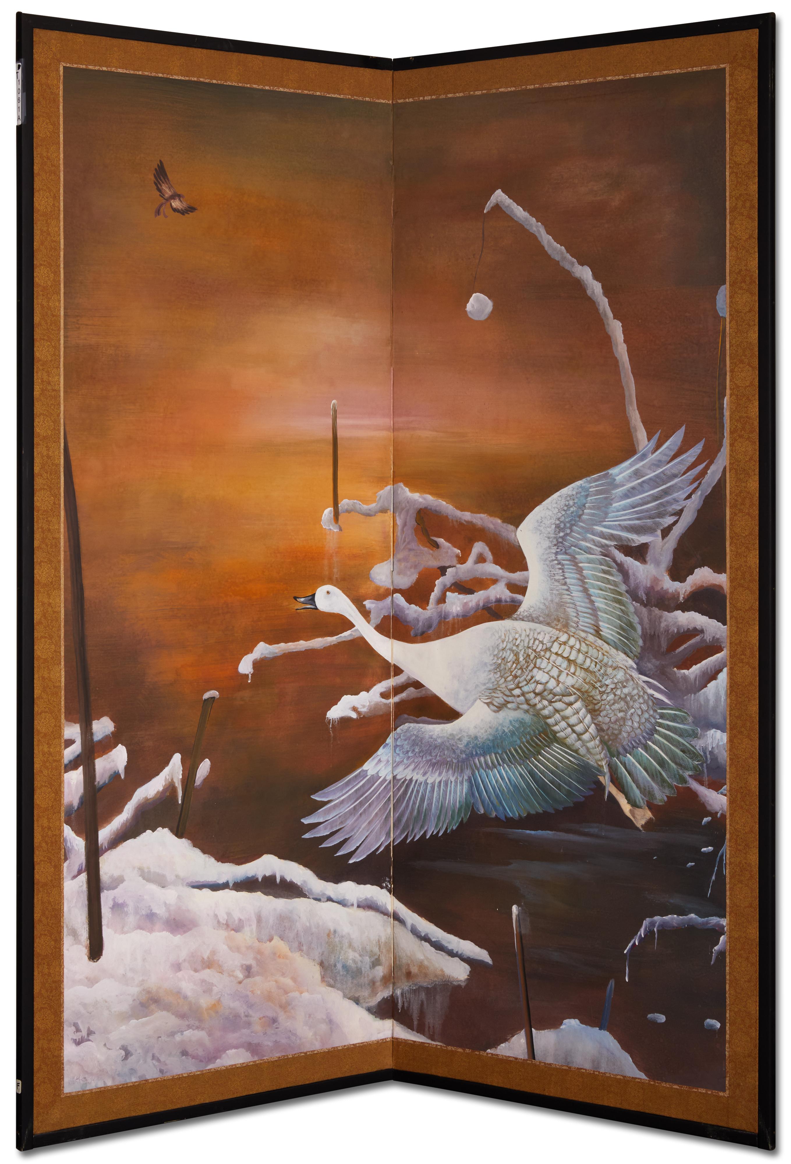 Japanese Two Panel Screen: Snow Goose in Flight at Dawn For Sale 3
