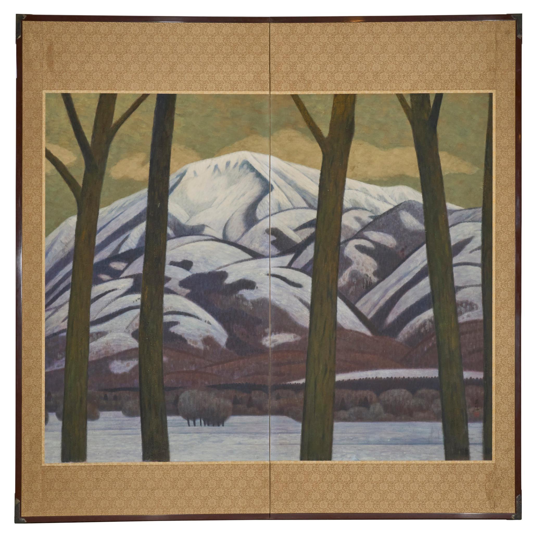 Japanese Two Panel Screen: Snowy Mountain Landscape For Sale