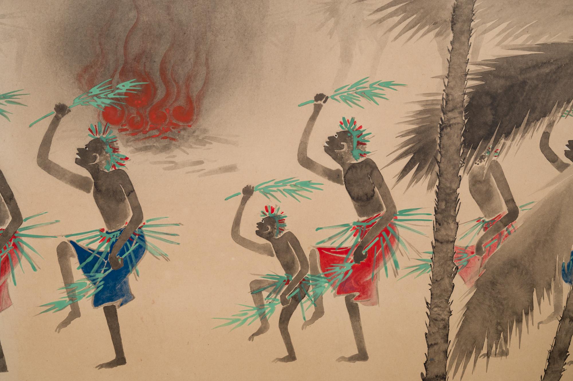 Paper Japanese Two Panel Screen South Seas Fire Dancers For Sale