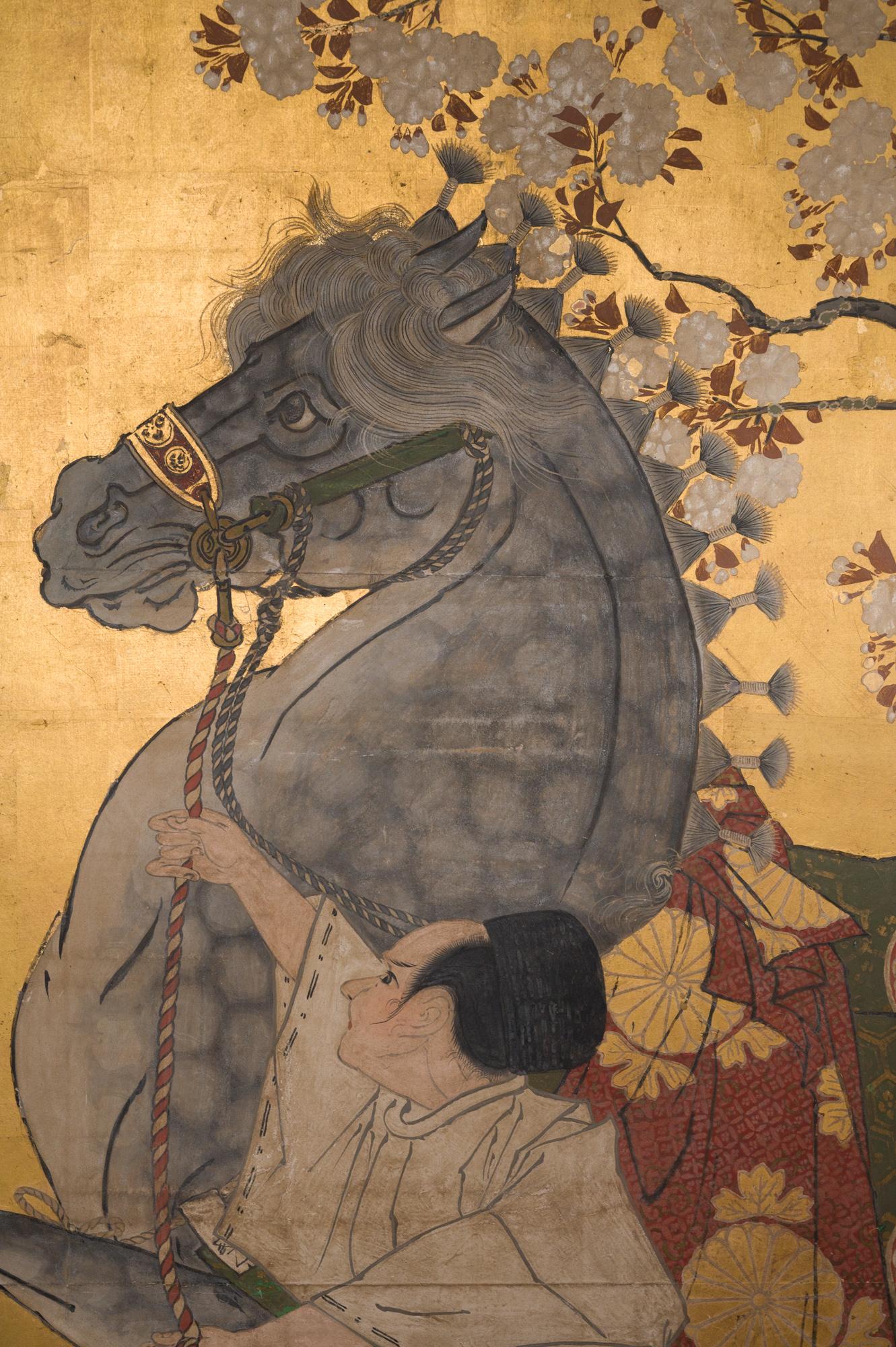 Japanese Two Panel Screen Spirited Horse and Grooms Under Cherry Tree 6