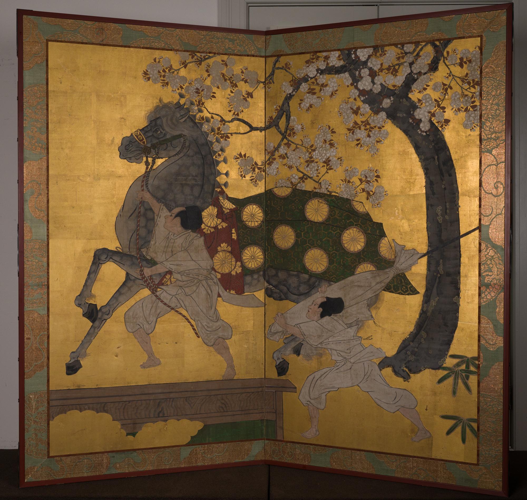 Mineral pigments on gold leaf. Kano School Painting. Brocade is beautiful gold embroidered, from 18th century fabric.