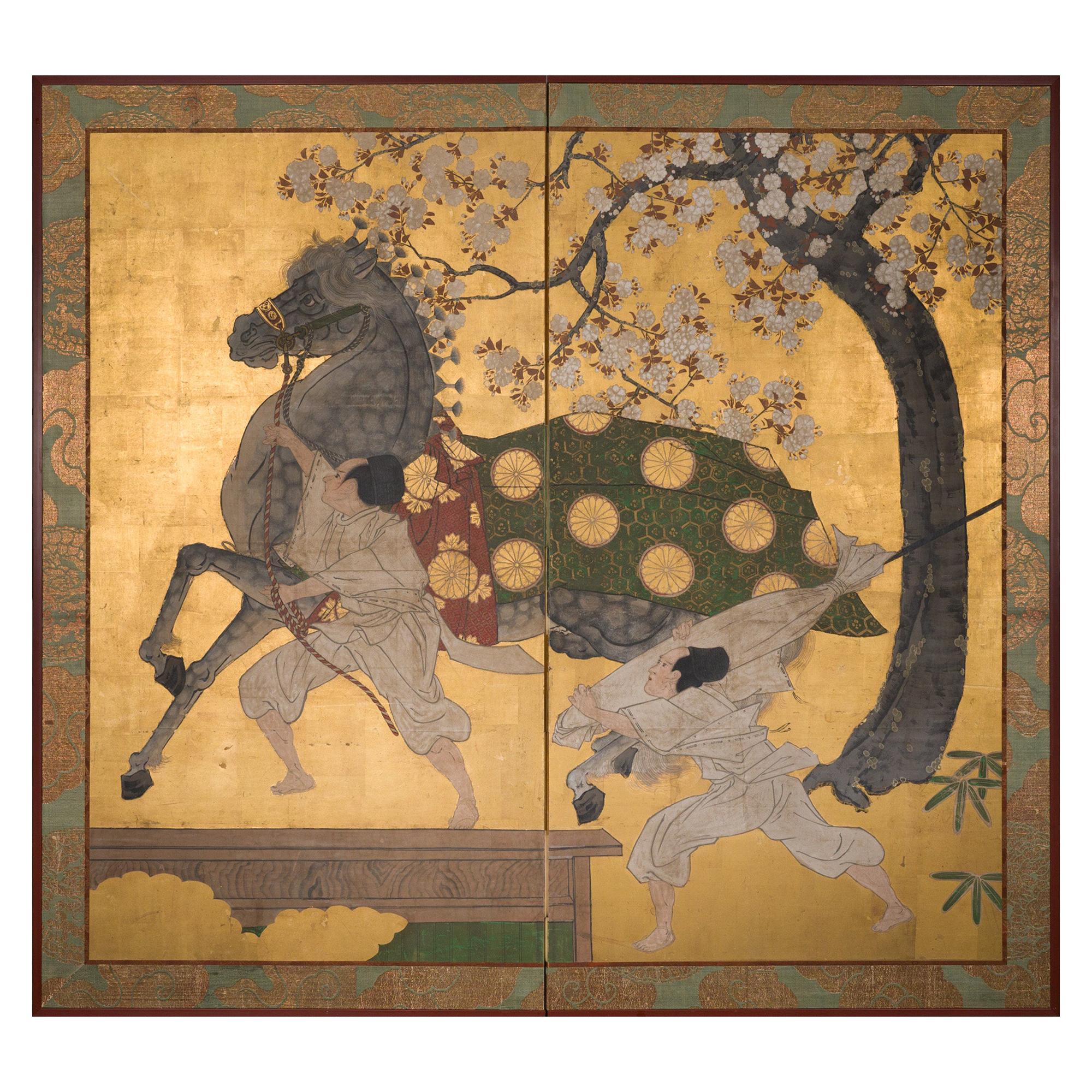 Japanese Two Panel Screen Spirited Horse and Grooms Under Cherry Tree