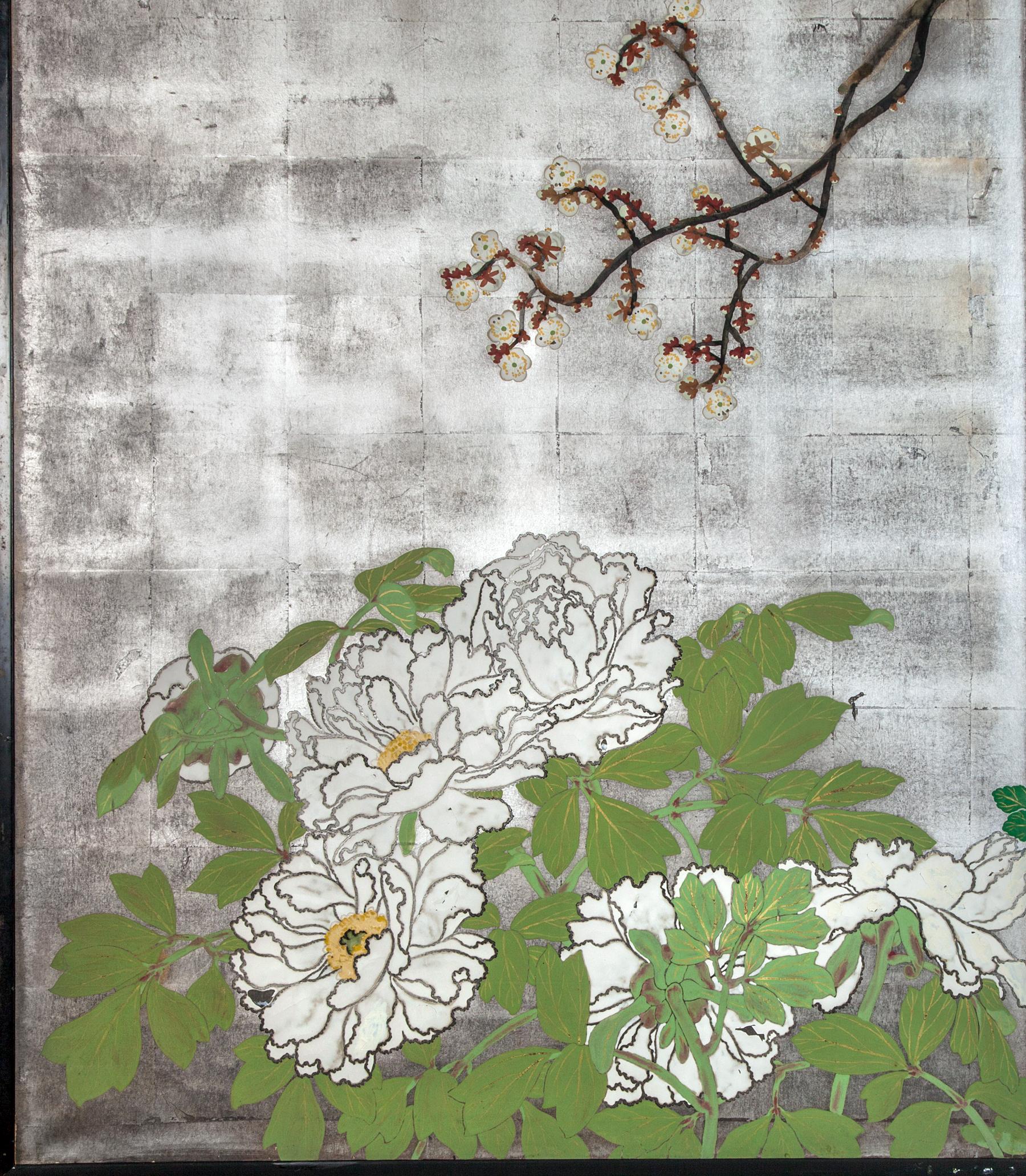 Japanese Two-Panel Screen Spring Flowers on Silver In Good Condition In Hudson, NY