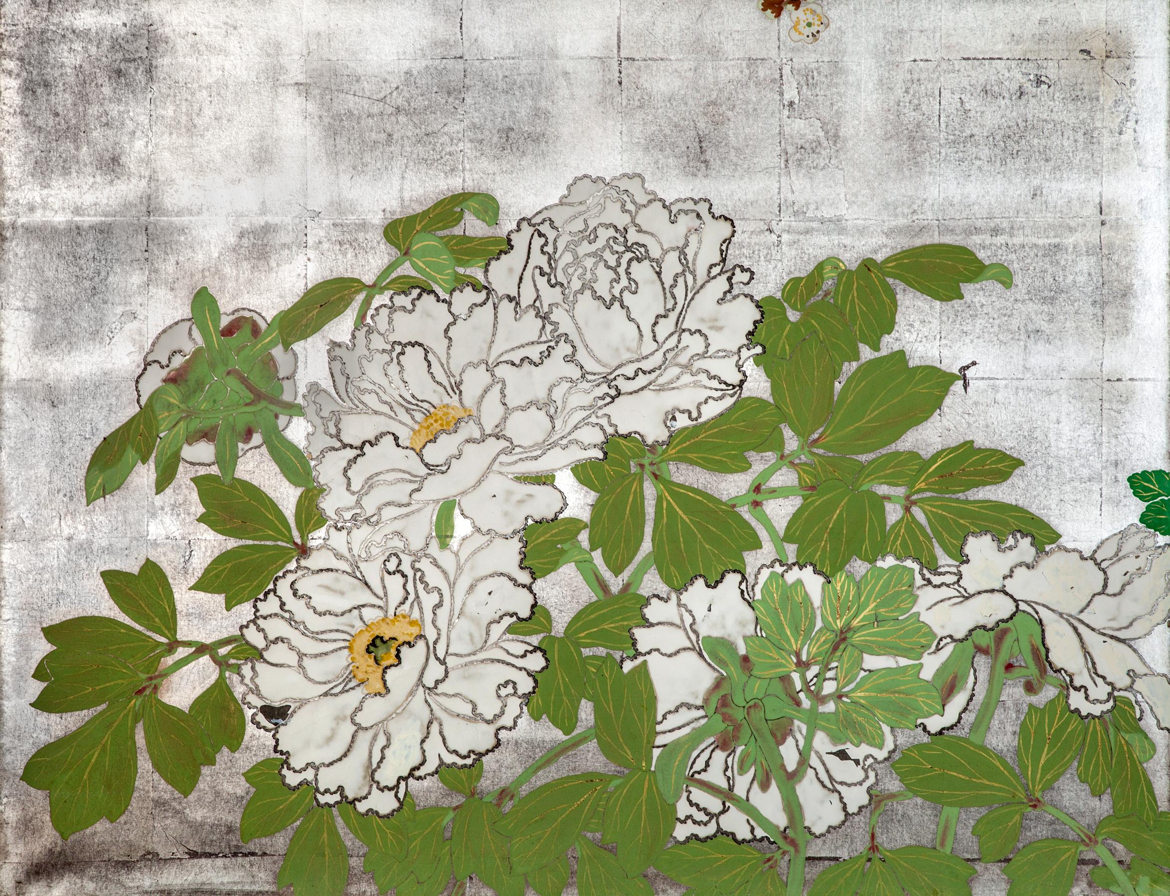 Early 20th Century Japanese Two-Panel Screen Spring Flowers on Silver