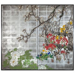 Japanese Two-Panel Screen Spring Flowers on Silver