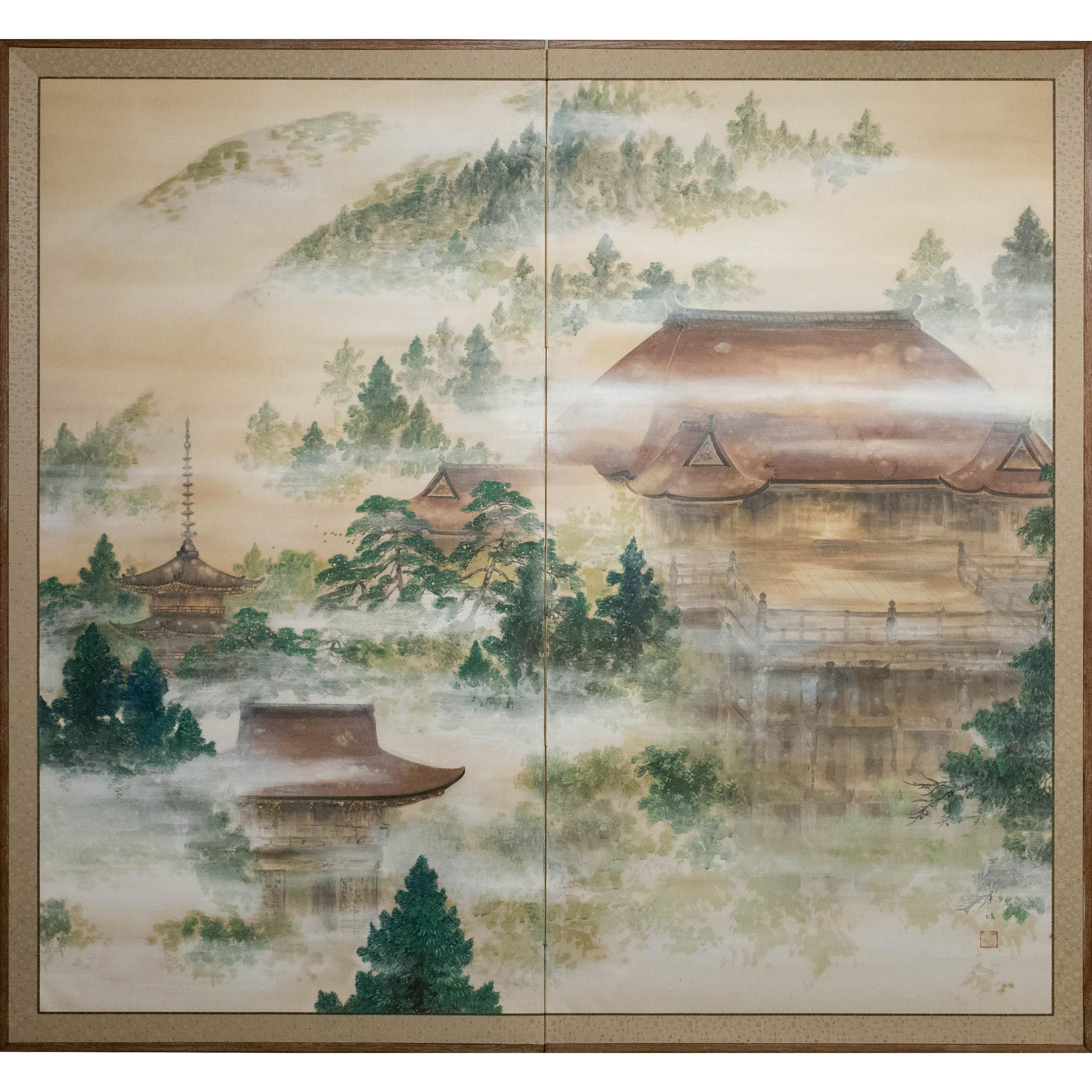 Japanese Two-Panel Screen "Spring Mist in Kyoto" For Sale