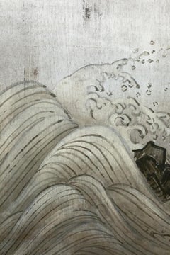 Japanese Two-Panel Screen Stylized Waves on Silver Leaf and Golden Sun