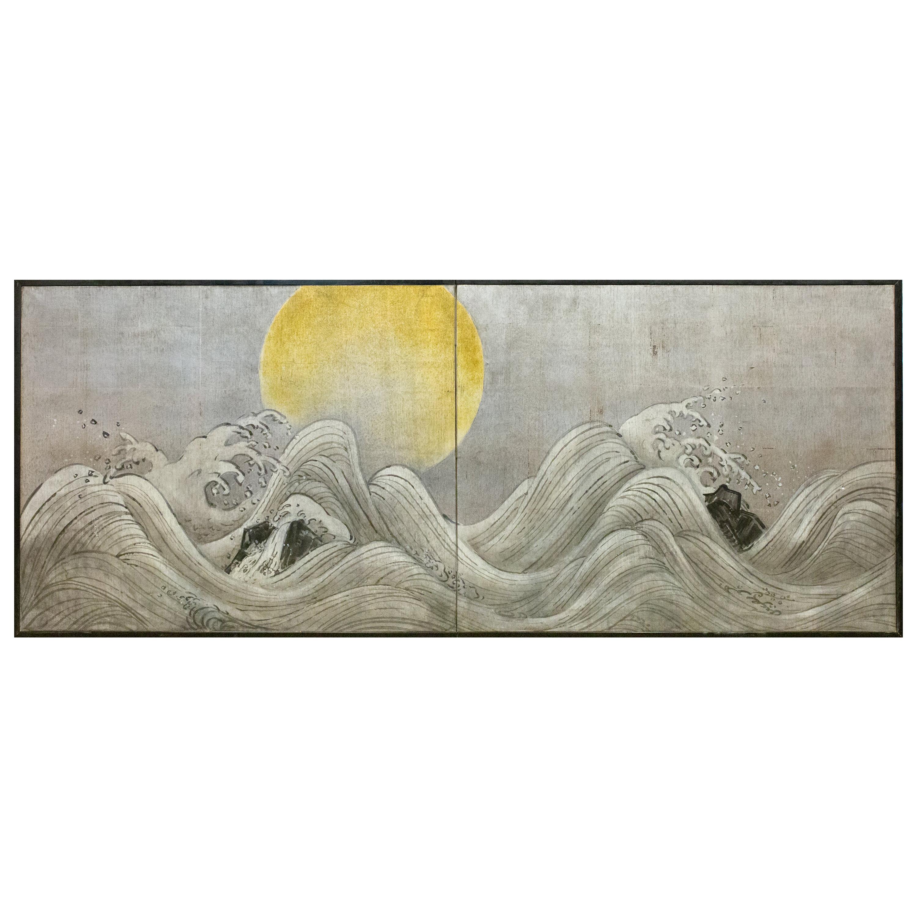 Japanese Two-Panel Screen Stylized Waves on Silver Leaf and Golden Sun
