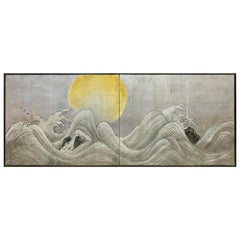 Vintage Japanese Two-Panel Screen Stylized Waves on Silver Leaf and Golden Sun