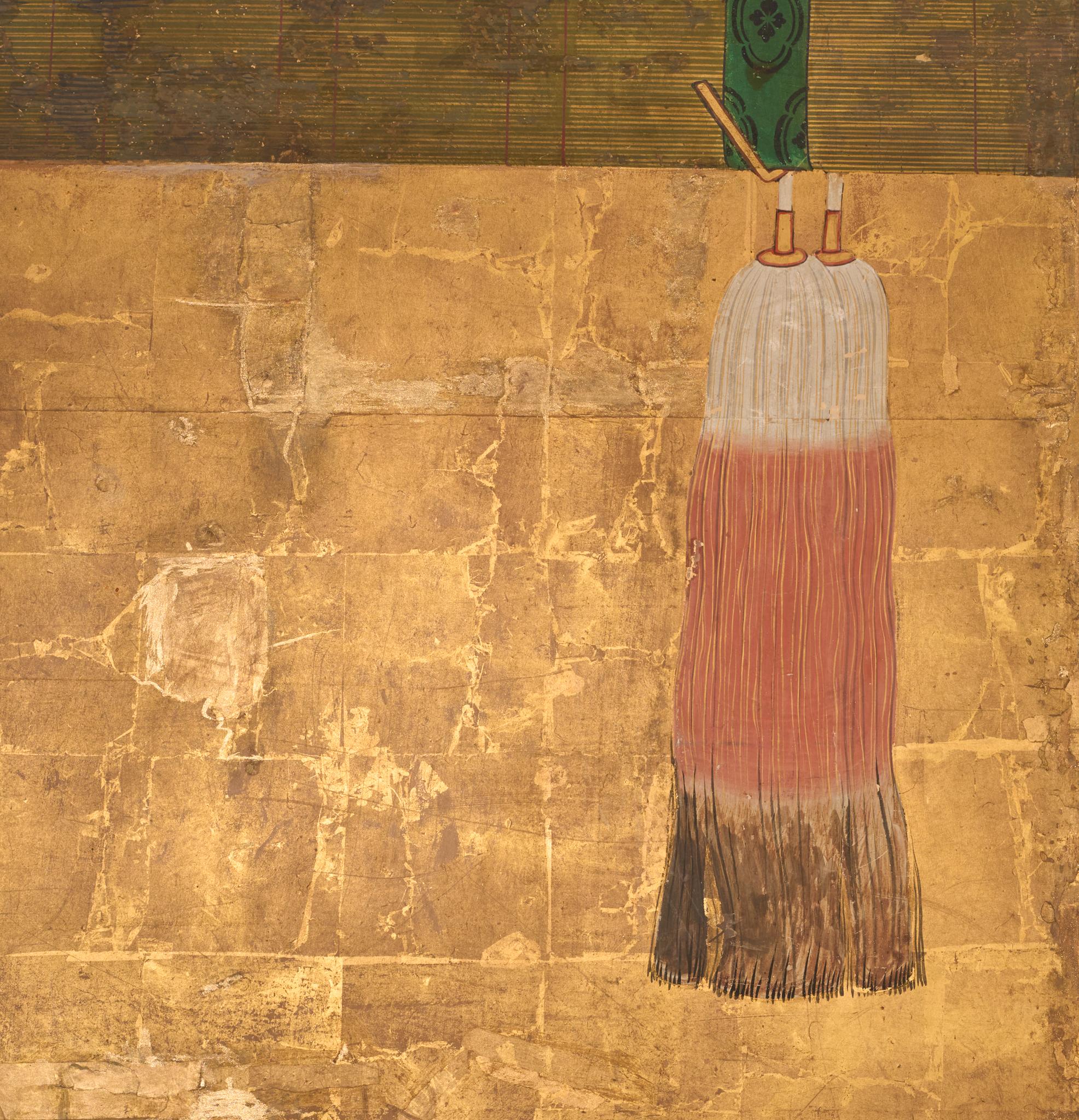 Japanischer Zwei-Panel-Bildschirm: Sudare auf Blattgold (Brokat) im Angebot